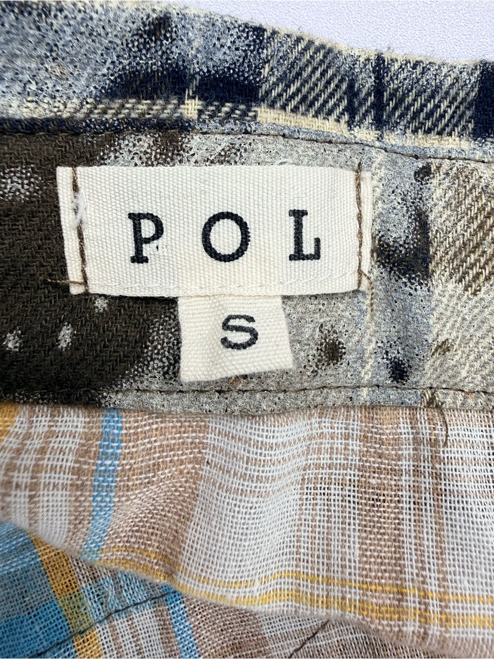 POL Patchwork Plaid Distressed Flannel Shirt Shacket Boho Grunge Size S - Picture 4 of 8